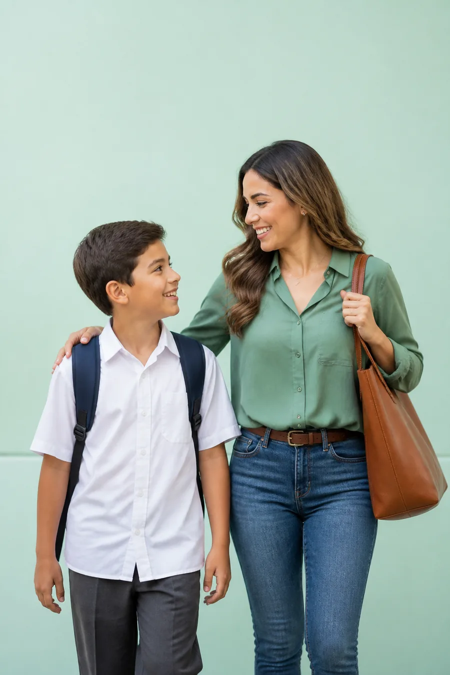 Madre e hijo en la entrada del colegio